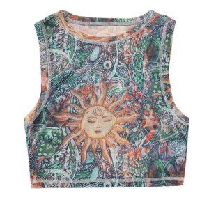 Sun Graphic Mesh Crop Top Celestial Y2K Size Medium